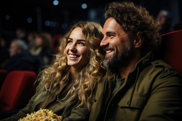 Movie Experience: Happy Couple Relaxing And Enjoying Movie With Popcorn