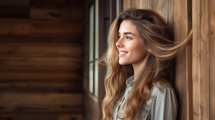 Portrait of young european fashionable female model, shot from the side, smiling, looking to the side, vibrant rustic wood texture background