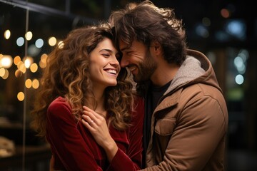 Couple in love celebrates Valentine's Day with a romantic dinner in a cozy caf