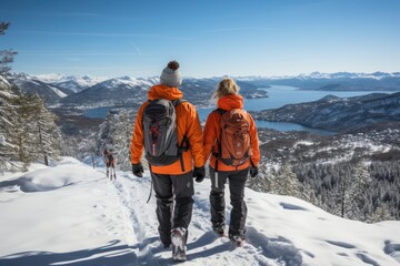 Couple in love enjoying winter beauty at delightful ski resort