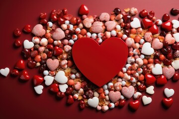 Obraz premium Romantic red and white hearts on bright red background for Valentine's Day