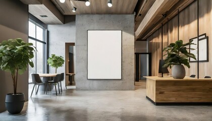 blank white poster in a chic office entrance where concrete floors meet wooden accents generative ai