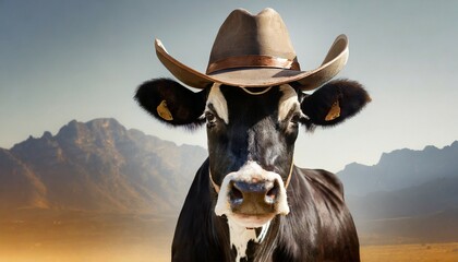 mafia cow or bullock farm wearing cowboy hat and sunglasses portrait looking at camera on clear background funny moment farmland animals concept with generative ai - obrazy, fototapety, plakaty