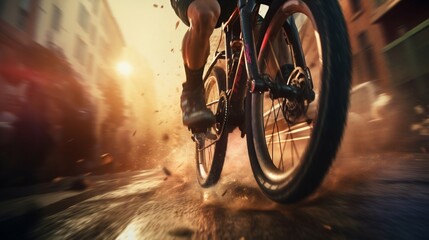 Obraz premium Dynamic Cycling Race Close-up on Sunset. Generative ai