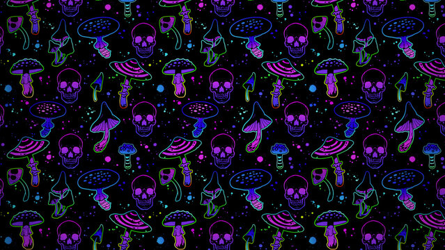 Illustration of purple mushrooms and skulls