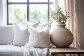 Fototapeta na wymiar French Country Home. Modern Living Room with White Fabric Sofa and Beige Linen Pillow