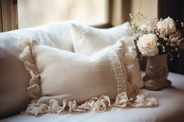 White Fabric Sofa with Beige Linen Pillow in French Country Home Interior Design, Close-Up View