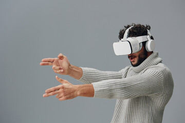 Modern man young reality digital virtual simulation glasses innovation technology device...