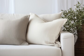 White fabric sofa with beige linen pillow in French country home interior design