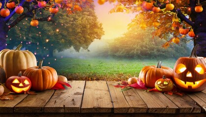 Naklejka na ściany i meble wooden table with pumpkins with halloween background
