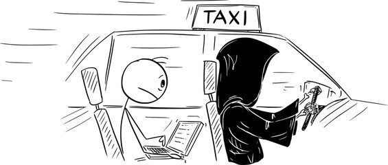 Grim Reaper or Death Driving Cab or Taxi, Vector Cartoon Stick Figure Illustration
