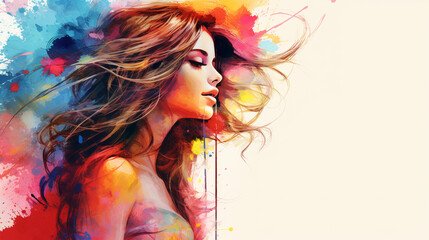 Portrait of young european fashionable female model, shot from the side, smiling, looking to the side, vibrant abstract watercolor splash background