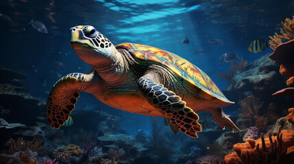 A magnificent giant golden sea turtle spreads its paws and swims in the blue sea. generative ai