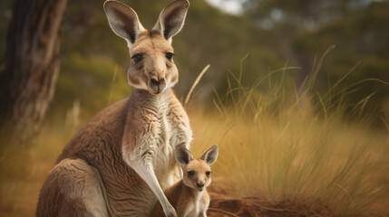 A mother kangaroo showing off her delightful joey. generative ai
