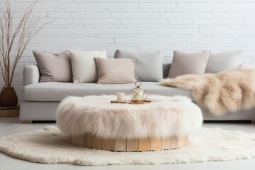Scandinavian Living Room. Coffee Table, Vases, Sofa, and Fur Blanket in Modern Home Interior