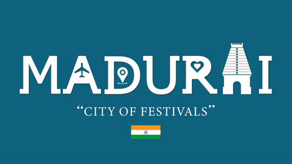 Madurai , City of Festivals typography vector illustration - obrazy, fototapety, plakaty