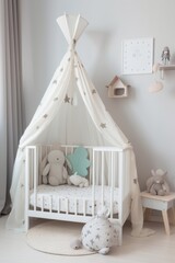 Child's baby room cozy interior with canopy bed and wardrobe. The room is thoughtfully designed with a blend of comfort and playfulness, providing a delightful space for a child to rest and explore.
