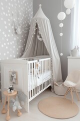 Child's baby room cozy interior with canopy bed and wardrobe. The room is thoughtfully designed with a blend of comfort and playfulness, providing a delightful space for a child to rest and explore.