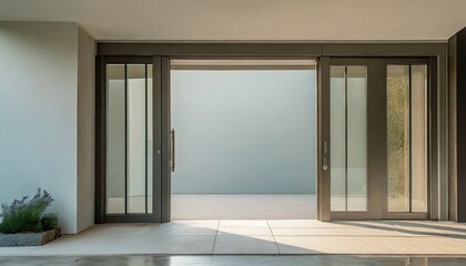 aesthetic home entrance with large glass sliding doors with lots of copy space generative ai