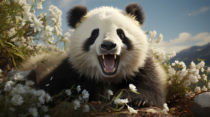 A playful happy panda. Rare and endangered black and white bear. smile panda. generative ai