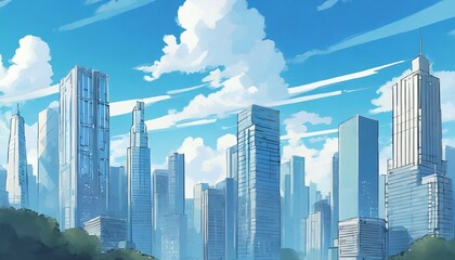 city skyline background anime style city sky scrapers blue clouds generated ai - obrazy, fototapety, plakaty
