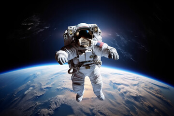 A cosmonaut dressed in a white suit and a protective helmet levitates in space with the planet Earth in the background.generative ai