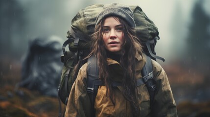 A photo of a resourceful female survival expert demonstrating survival skills in a wilderness setting, equipped for outdoor adventure and selfreliance.