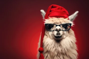 Photo sur Plexiglas Lama Cute llama wearing Christmas hat Posing red background funny looking santa new year clipart