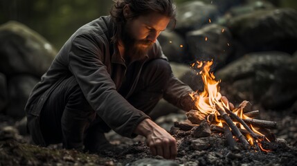 A rugged male adventurer skillfully uses a flint to ignite a fire amidst the wild, surrounded by dense forest under a clear sky, demonstrating survival techniques in the great outdoors.