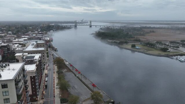 Aerial view of the Cape Fear River in Wilmington North Carolina. 