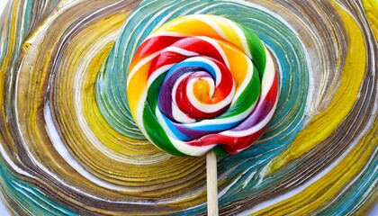 colorful rainbow lollipop swirl on wooden stick on white background