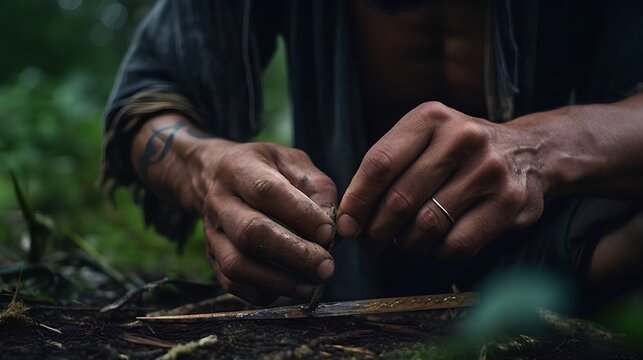 A rugged male adventurer skillfully uses a flint to ignite a fire amidst the wild, surrounded by dense forest under a clear sky, demonstrating survival techniques in the great outdoors.
