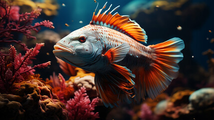 Adorable fish at coral reef underwater with sunlight shining through water. generative ai