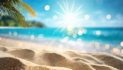 Fototapeta na wymiar blur tropical beach with bokeh sun light wave abstract background