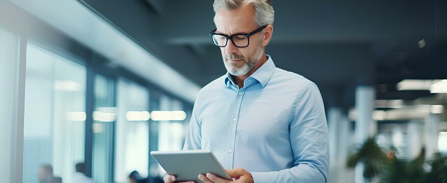 Mature busy business man financial manager using digital tablet working in office. professional businessman executive holding tab technology device standing at work. generative AI