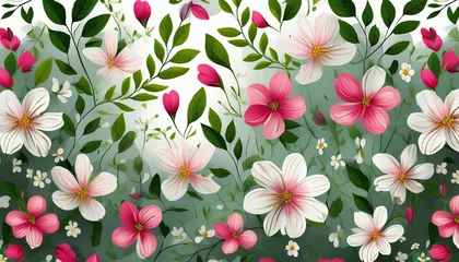 Tuinposter floral seamless pattern spring background with blowing flowers and leaves banner illustration © Irene