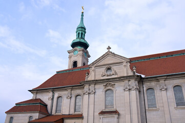 Fototapeta na wymiar catholic church exterior and bell tower in saint paul minnesota