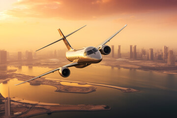 Private white luxury jet flying at sunset over a big city in the sky.generative ai - Powered by Adobe