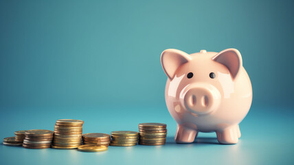 piggy bank and coin on blue background
