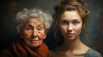 portrait of a grandmother and a young girl in the dark