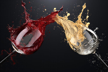 Two glasses of red and white wine with splash reflect one another on dark background, wine...
