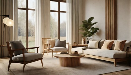 modern living room design wooden furniture with warm cozy feeling bright neutral colors