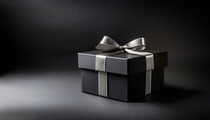 black gift box on black background with empty space for text