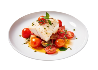 A Delicious Plate of Poached Fish with Tomatoes Isolated on a Transparent Background