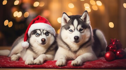 Fototapeta na wymiar Cute dog husky wolf puppy with christmas gift boxes concept photo poster merry present red new year