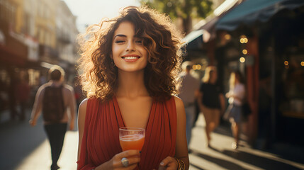 pretty young woman having a drink outdoors on a sunny day