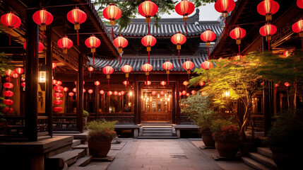 Chinese Lanterns decorate a traditional Chinese courtyard, combining modern celebration with historical charm. - obrazy, fototapety, plakaty