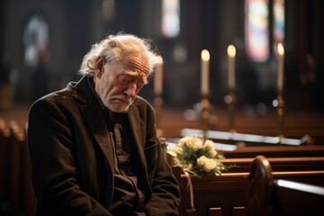 Sad, funeral and elderly man crying in church for God, holy spirit or religion in Christian...