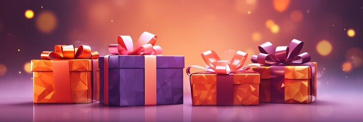 Four New year gifts banner with many boxes with golden ribbons