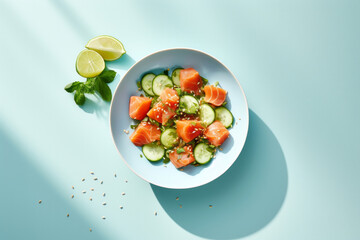 Salted salmon salad with fresh green lettuce,cucumbers.Lunch bowl on a ketogenic,keto or paleo diet.Top view with lemon elements next to it on a light blue background with space for text.generative ai - obrazy, fototapety, plakaty
